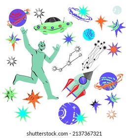 Space icons set with funny alien and spaceships, flat cartoon vector illustration isolated on white background.