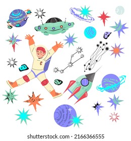 Space icons set with funny child astronaut in spacesuit with rocket and UFO and spaceships, flat cartoon vector illustration isolated on white background.