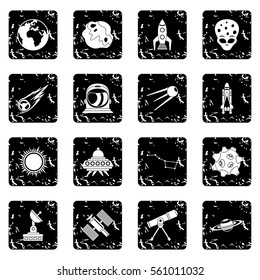 Space icons set in grunge style isolated on white background vector illustration