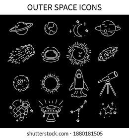 Space icons set, minimalistic collection of astronomy symbols and planets, vector illustration