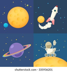 Space Icons Set, Moon Among the Stars and Planets, Planet Rover on the Moon and  Saturn  ,Spacecraft Flying in Space,   Vector Illustration