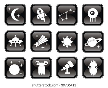 Space icons set on black. Vector illustration.