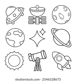 Space icons set. Outline illustration of space icons for web design