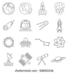Space icons set. Outline illustration of 16 space travel vector icons for web