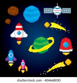 Space icons set. Pixel icons. Pixel art. Old school computer graphic style. Computer game elements. Space pixels. 