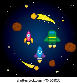 Space Icons Set. Pixel Art. Old School Computer Graphic Style. Computer Game Elements.