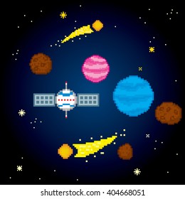 Space icons set. Pixel art. Old school computer graphic style. Computer game elements.
