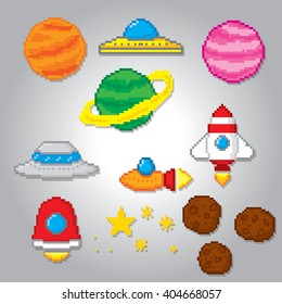 Space icons set. Pixel art. Old school computer graphic style. Computer game elements.