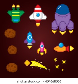Space icons set. Pixel art. Old school computer graphic style. Computer game elements.