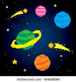 Space icons set. Pixel art. Old school computer graphic style. Computer game elements.