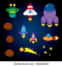 Space icons set. Pixel art. Old school computer graphic style. Computer game elements.
