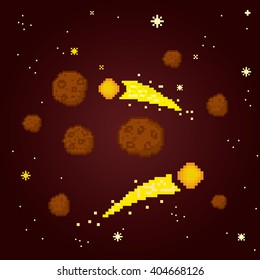 Space icons set. Pixel icons. Pixel art. Old school computer graphic style. Computer game elements. Space pixels. 