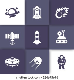 Space icons set, planet with asteroid belt, comet, astronaut, UFO, satellite, space probe, shuttle, rocket