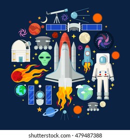 Space Icons Set with Planets Stars Shuttle and Astronaut. Vector illustration
