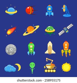 Space icons set of rocket  galaxy  planet ufo sun vector illustration