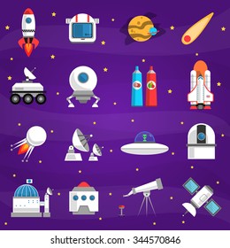 Space Icons Set With Rocket Lunar Station Astronaut Food Isolated Vector Illustration