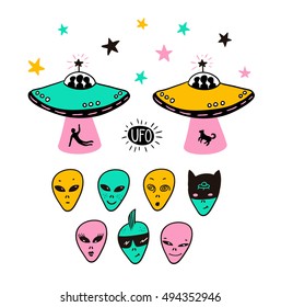 Space icons set of rockets, ufo faces , hand drawn vector illustration