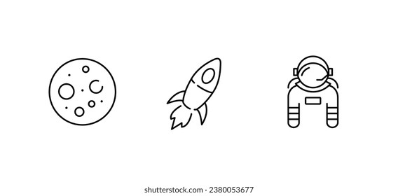 Conjunto de iconos de espacio, iconos con temas de espacio simples, iconos con temas de espacio aislados en fondo blanco. Iconos de un astronauta, un cohete espacial y la luna. Ilustración vectorial.