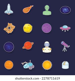 Space icons set stikers collection vector with shadow on purple background