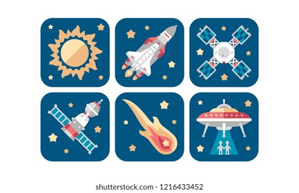 Space icons set, sun, meteorite, rocket. satellite, ufo vector Illustration