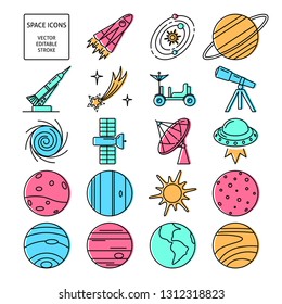 Space icons set in thin line style