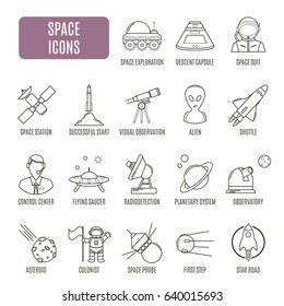 Space icons. Set of vector pictogram for web graphics
