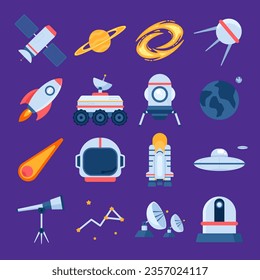 space icons set vector, Space universe colored isolated icons set outer space elements on black background vector illustration, Space and astronomy icons set of rocket satellite earth alien isolated i