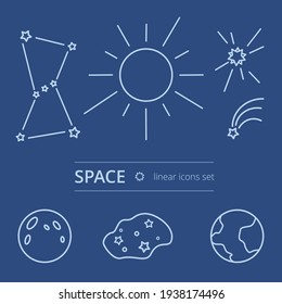 Iconos espaciales - siete iconos lineales planos: sol, tierra, planeta (luna), la constelación de Orión, estrella caída, estrella brillante, cielo estrellado nocturno.