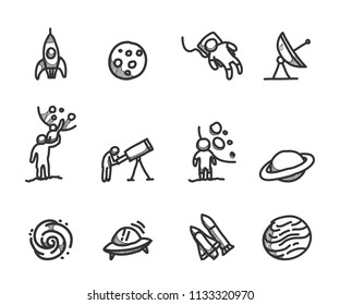 Space icons in sketches. Outer space science hand drawn doodles.