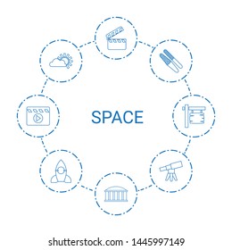 space icons. Trendy 8 space icons. Contain icons such as movie clapper, observatory, sawing, sun, telescope, rocket, direction board. space icon for web and mobile.