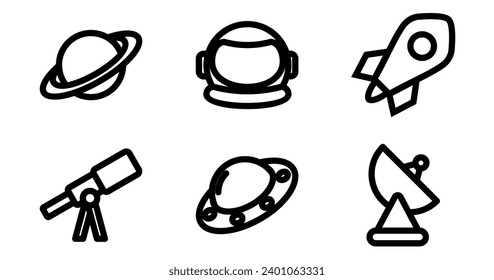 Space Icons.  Vector Graphics Featuring Designs of planet, rocket, astronaut helmet, telescope, satellite, UFO. Icon Set in bold Style
