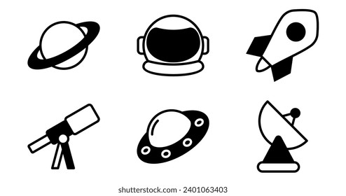Space Icons.  Vector Graphics Featuring Designs of planet, rocket, astronaut helmet, telescope, satellite, UFO. Icon Set in Semi Solid Style