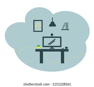 Space for ideas and work. Workplace freelancer. Vector illustration of flat cartoon style, business illustration. Promotion of SEO.