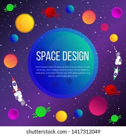 Space illustration, with a blue planet in the center, bright planets and stars