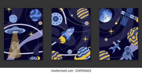 Space illustration cards set, Spacecraft, Astronaut, Planets, Space Stations, UFO. Science fiction drawing for poster, cover or background.