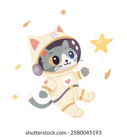 Space illustration. Space cat in helmet and spacesuit . Vector simple illustration