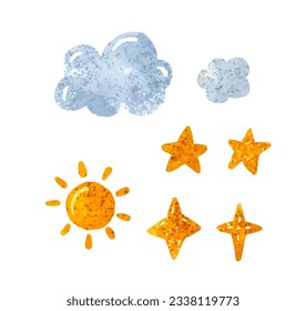 Space illustration in childish style. Set of cosmos elements such as rocket, stars, asteroids, ufo, Comets, moon, osteroid, stylized planets set. Cosmic set