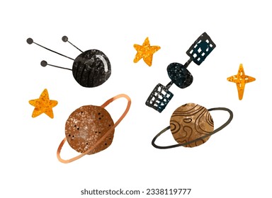 Space illustration in childish style. Set of cosmos elements such as rocket, stars, asteroids, ufo, Comets, moon, osteroid, stylized planets set. Cosmic set