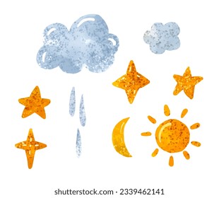 Space illustration in childish style. Set of cosmos elements such as rocket, stars, asteroids, ufo, Comets, moon, osteroid, stylized planets set. Cosmic set