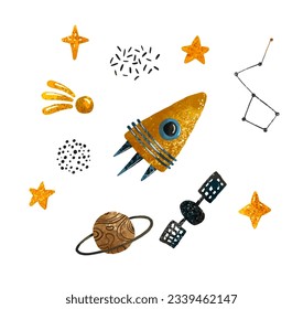 Space illustration in childish style. Set of cosmos elements such as rocket, stars, asteroids, ufo, Comets, moon, osteroid, stylized planets set. Cosmic set
