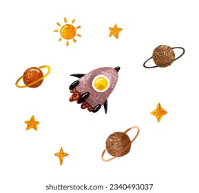 Space illustration in childish style. Set of cosmos elements such as rocket, stars, asteroids, ufo, Comets, moon, osteroid, stylized planets set. Cosmic set