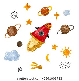 Space illustration in childish style. Set of cosmos elements such as rocket, stars, asteroids, ufo, Comets, moon, osteroid, stylized planets set. Cosmic set