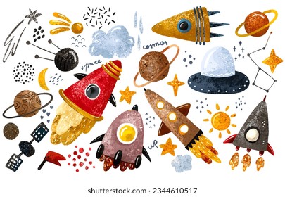 Space illustration in childish style. Set of cosmos elements such as rocket, stars, asteroids, ufo, Comets, moon, osteroid, stylized planets set. Cosmic set
