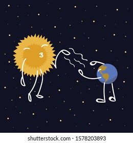 Space illustration for children. Vector template. Planets, Stars.  Global warming. Ozone holes. Simple flat vector cartoon illustration.