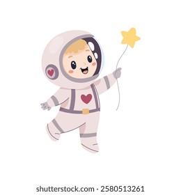 Space illustration. Cute astronaut in spacesuit holding a star. Vector simple illustration