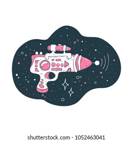 Space illustration of cute blaster gun. Fantastic doodle