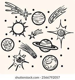 Space illustration doodle set with background cream