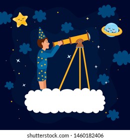 Space illustration with dreamer boy. Astronomer study space and look through a telescope. Space backround vector illustration.