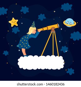 Space illustration with dreamer girl. Astronomer study space and look through a telescope. Space backround vector illustration.