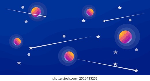 Ilustración espacial en estilo plano, hermosos planetas, estrellas y meteoros. Fondo espacial. Ilustración de cielo nocturno